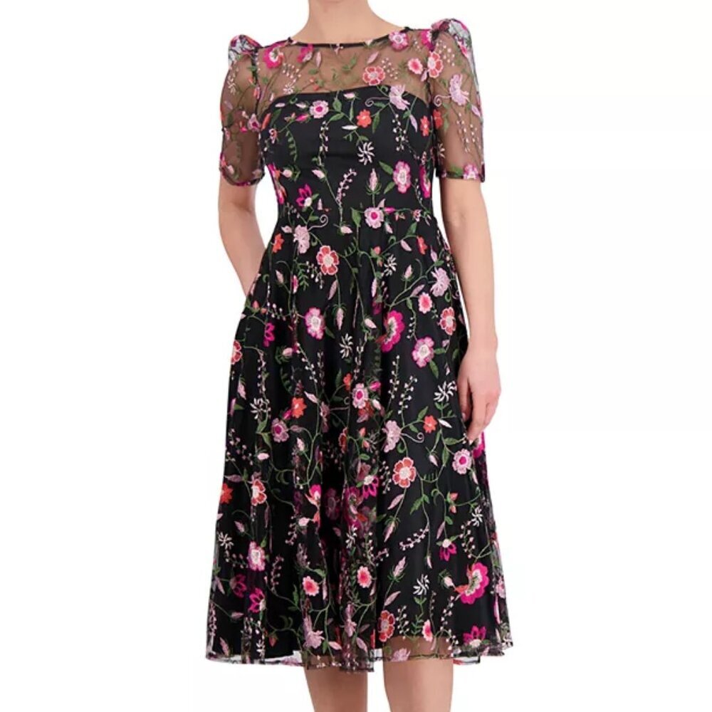 Eliza J Embroidered Illusion Neck Cocktail Midi Dress in Black Magenta Sz: 2